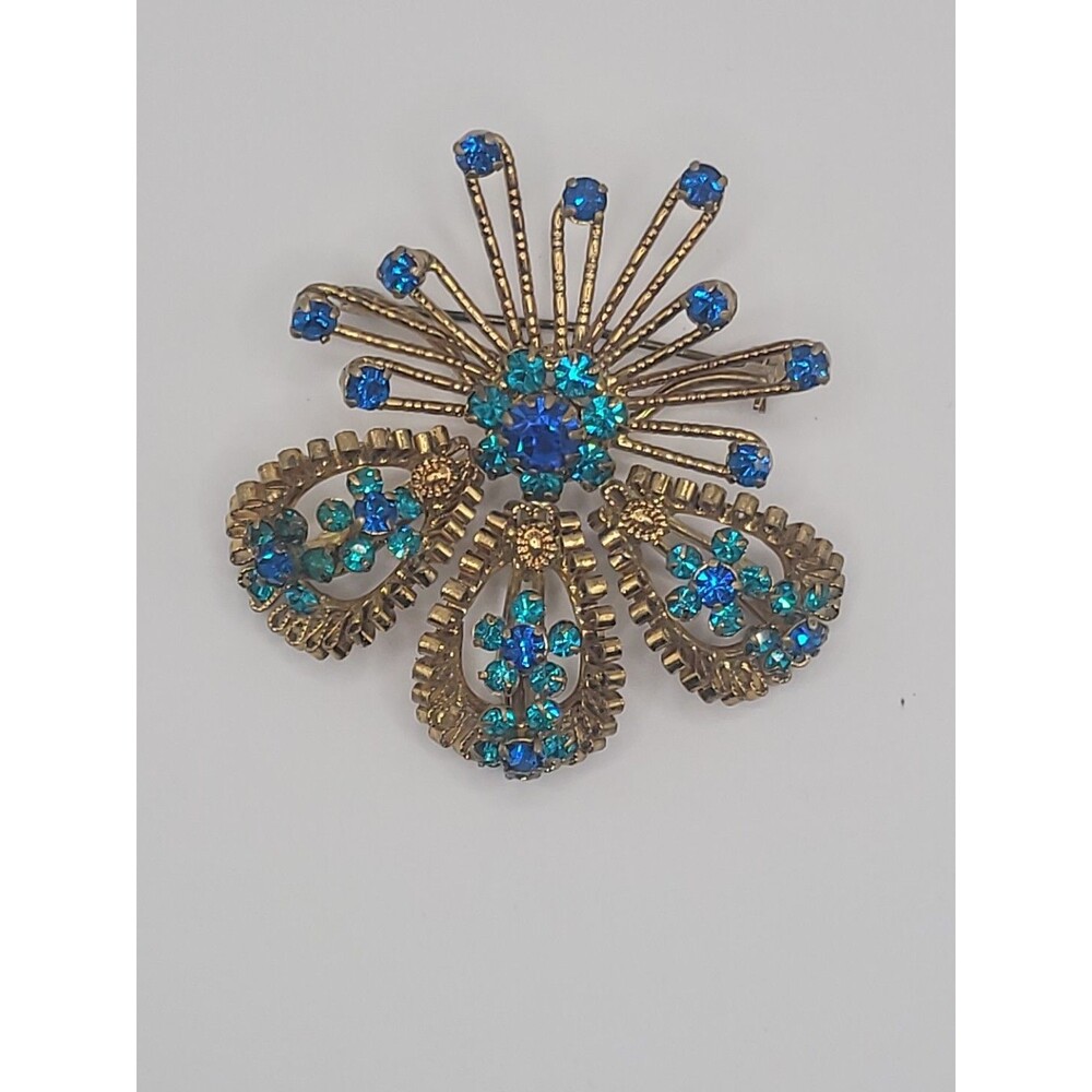 Vintage Brooch Starburst Blue Green Rhinestones Gold Tone Ornate Statement - Picture 15 of 16